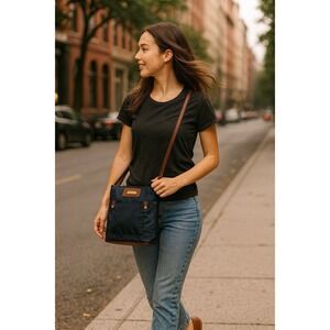 Adrienne Vittadini Crossbody Purse Blue Medium Bag Goldtone Hardware Logo Strap